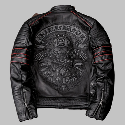 Chaqueta de Cuero Negra para Hombre Estilo Gótico con Bordados de Calavera