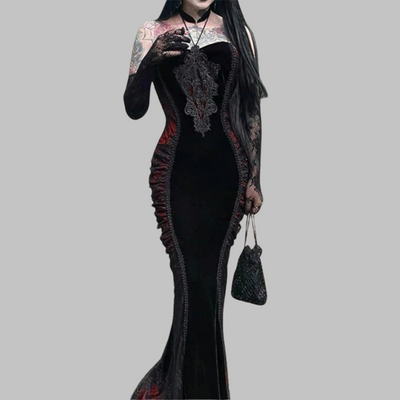 Vestido Largo Gótico Sirena Negro con Rayas Rojas