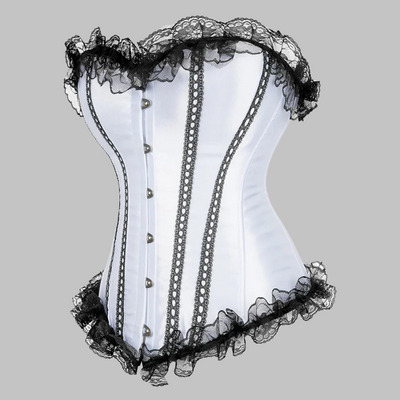 Corsé Blanco Sexy con Volantes y Encaje Negro – Estilo Burlesque