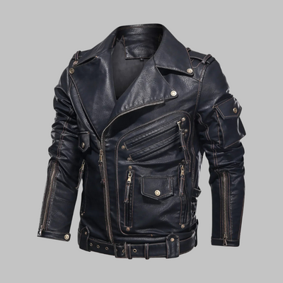 Chaqueta de motorista negra de cuero sintético estilo rock para hombre