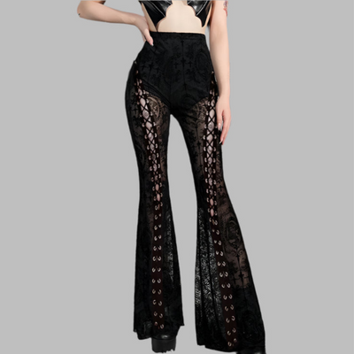 Pantalón gótico acampanado de encaje negro estilo dark mall