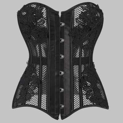 Corsé Negro Gótico de Encaje con Inserciones de Malla para Mujer