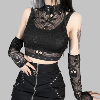 Top gótico negro de malla con estampado de calavera y mangas de red
