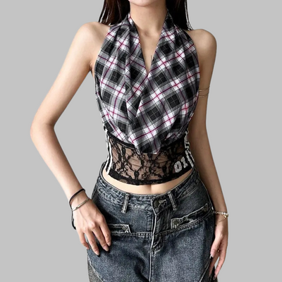 Top sin mangas a cuadros estilo punk con espalda descubierta de encaje