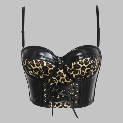 Corsé de Leopardo y Cuero Sintético Negro con Cordones – Estilo Salvaje Punk