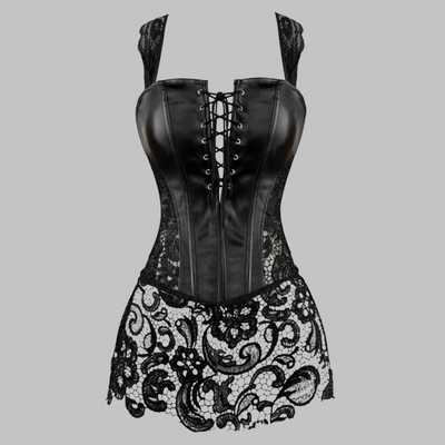 Corsé Negro de Imitación de Cuero con Encaje Floral – Estilo Burlesque