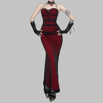 Vestido Largo Gótico Burdeos Sirena con Abertura y Encaje