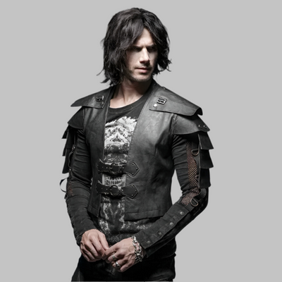 Chaqueta steampunk negra con correas de cuero para hombre