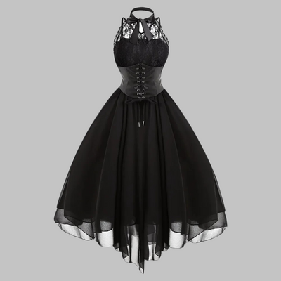 Vestido Victoriano Negro Sin Mangas con Encaje y Tul