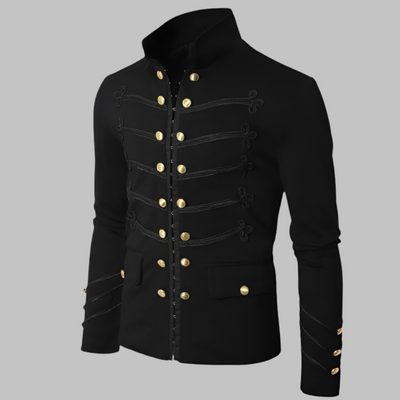 Chaqueta militar vintage negra con botones dorados estilo barroco