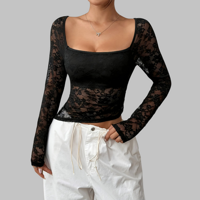 Top negro ajustado de encaje transparente con mangas largas