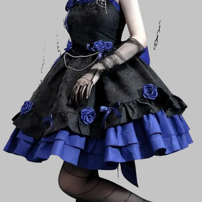 Vestido gótico vintage negro y azul con flores y corsé