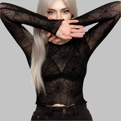 Top negro transparente de manga larga estilo grunge