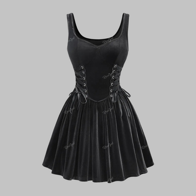 Vestido Gótico Negro Talla Grande con Corsé y Falda Acampanada