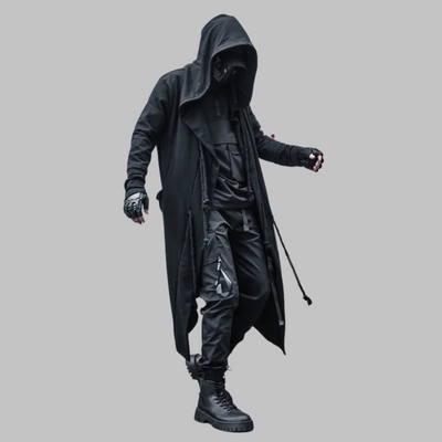 Abrigo largo negro estilo techwear para hombre con capucha