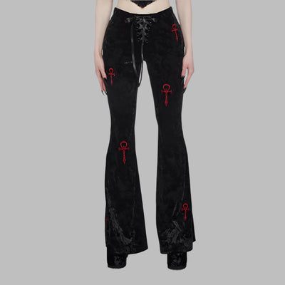 Pantalón gótico de terciopelo negro de talle alto con cruces rojas bordadas