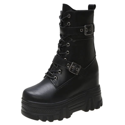Botines de Imitación de Cuero con Cordones – Estilo Goth Streetwear Otoño Negro