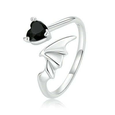 Anillo Ala y Corazón Negro Plata de Ley 925