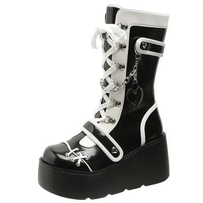 Botines Góticas de Plataforma Negras y Blancas con Cordones