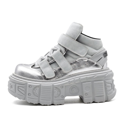 Botines Góticas Plateadas con Cierres de Velcro y Suela de Plataforma